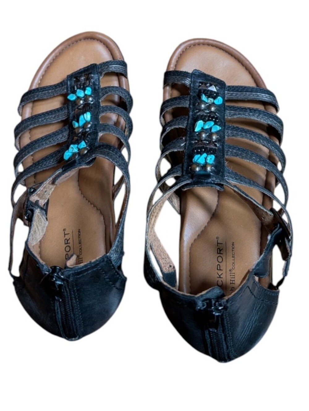 Rockport Cobb Hill "Zion" Black Leather Gladiator Flat Sandals - Picture 5 of 8